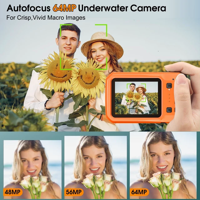 Alt view image 3 of 6 - 4K 64MP Underwater Camera Autofocus IPS HD Screen 16X Digital Zoom Floatable Waterproof Digital Camera, Fill Light, 16FT, Includes 16GB Card for Surfing Snorkeling Swimming, Orange