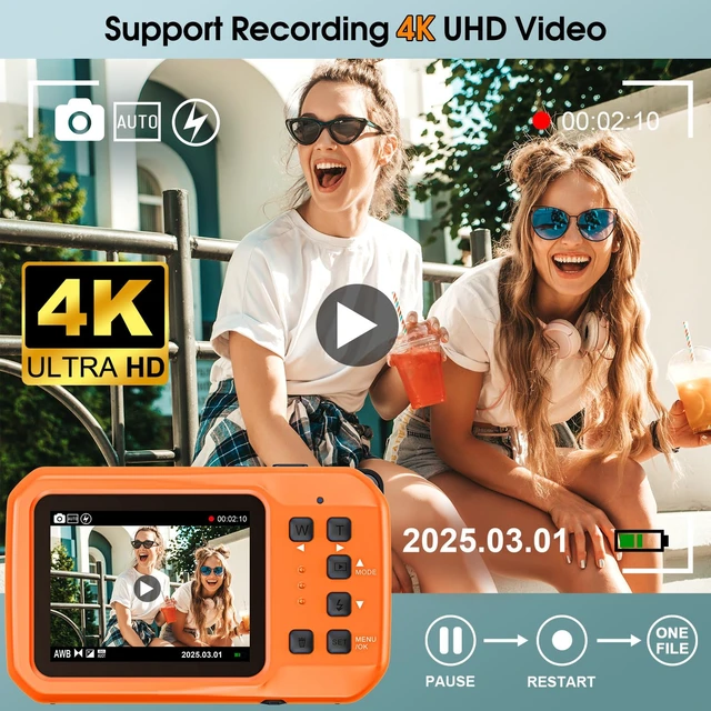 Alt view image 2 of 6 - 4K 64MP Underwater Camera Autofocus IPS HD Screen 16X Digital Zoom Floatable Waterproof Digital Camera, Fill Light, 16FT, Includes 16GB Card for Surfing Snorkeling Swimming, Orange