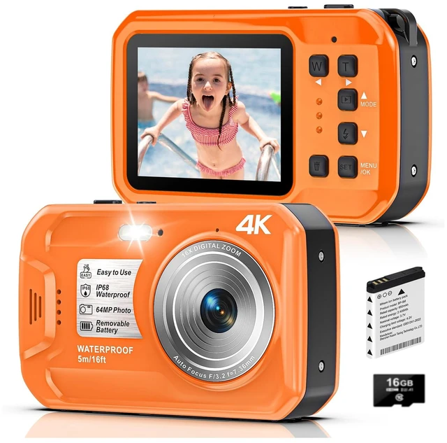 Main image of 4K 64MP Underwater Camera Autofocus IPS HD Screen 16X Digital Zoom Floatable Waterproof Digital Camera, Fill Light, 16FT, Includes 16GB Card for Surfing Snorkeling Swimming, Orange
