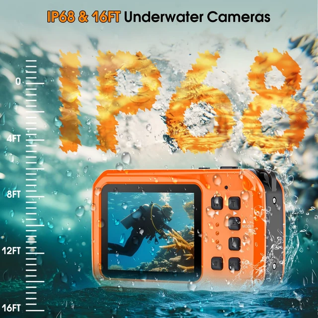 Alt view image 4 of 6 - 4K 64MP Underwater Camera Autofocus IPS HD Screen 16X Digital Zoom Floatable Waterproof Digital Camera, Fill Light, 16FT, Includes 16GB Card for Surfing Snorkeling Swimming, Orange