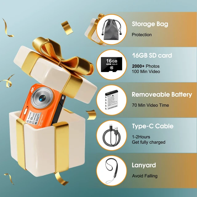 Alt view image 6 of 6 - 4K 64MP Underwater Camera Autofocus IPS HD Screen 16X Digital Zoom Floatable Waterproof Digital Camera, Fill Light, 16FT, Includes 16GB Card for Surfing Snorkeling Swimming, Orange