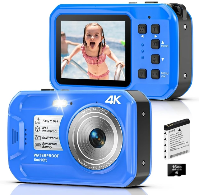Main image of 4K 64MP Underwater Camera Autofocus IPS HD Screen 16X Digital Zoom Fill Light, Floatable Waterproof Digital Camera, 16FT, Includes 16GB Card for Surfing Snorkeling Swimming, Blue