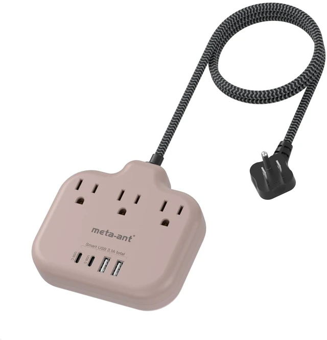 Main image of Brown Extension Cord with USB C - 5 FT Flat Braided Extension Cord with 3 Outlets & 4 USB Ports (2 USB-C), 1625W Tan Cord for Brown Tan Wood Walnut Grain Desk Accessories