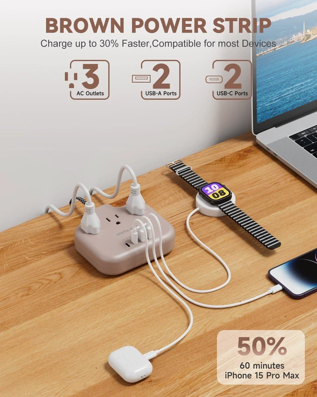 Alt view image 2 of 7 - Brown Extension Cord with USB C - 5 FT Flat Braided Extension Cord with 3 Outlets & 4 USB Ports (2 USB-C), 1625W Tan Cord for Brown Tan Wood Walnut Grain Desk Accessories