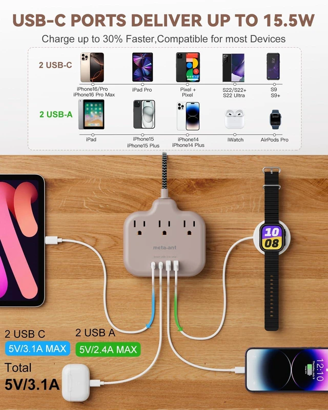 Alt view image 3 of 7 - Brown Extension Cord with USB C - 5 FT Flat Braided Extension Cord with 3 Outlets & 4 USB Ports (2 USB-C), 1625W Tan Cord for Brown Tan Wood Walnut Grain Desk Accessories