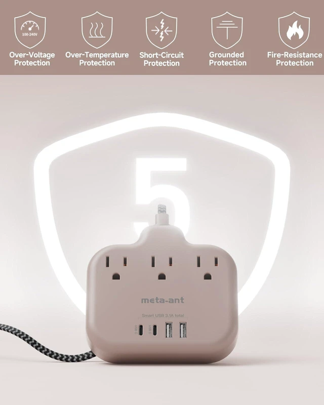 Alt view image 4 of 7 - Brown Extension Cord with USB C - 5 FT Flat Braided Extension Cord with 3 Outlets & 4 USB Ports (2 USB-C), 1625W Tan Cord for Brown Tan Wood Walnut Grain Desk Accessories
