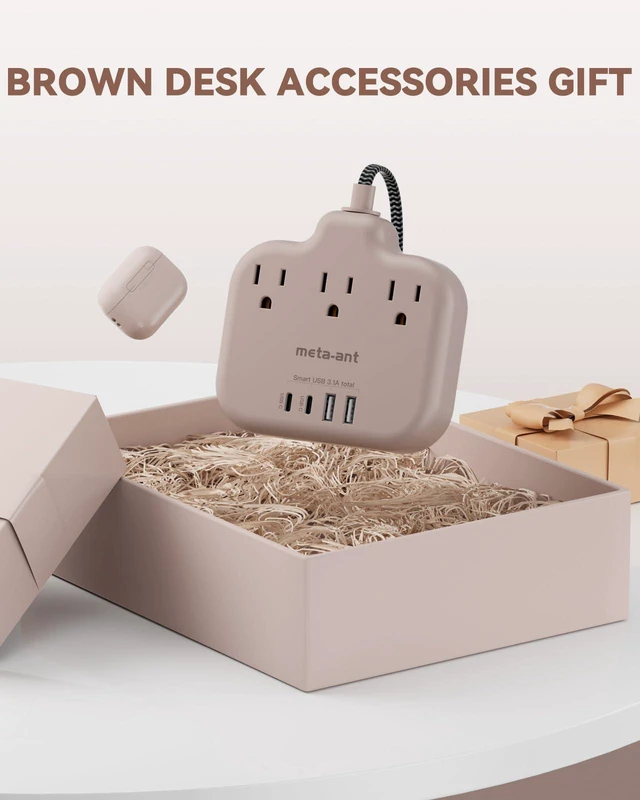 Alt view image 6 of 7 - Brown Extension Cord with USB C - 5 FT Flat Braided Extension Cord with 3 Outlets & 4 USB Ports (2 USB-C), 1625W Tan Cord for Brown Tan Wood Walnut Grain Desk Accessories