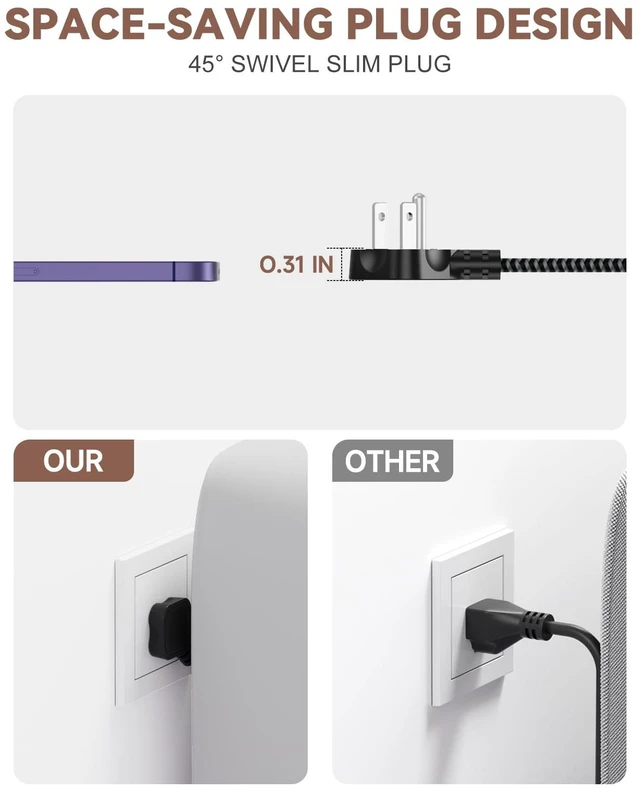 Alt view image 7 of 7 - Brown Extension Cord with USB C - 5 FT Flat Braided Extension Cord with 3 Outlets & 4 USB Ports (2 USB-C), 1625W Tan Cord for Brown Tan Wood Walnut Grain Desk Accessories
