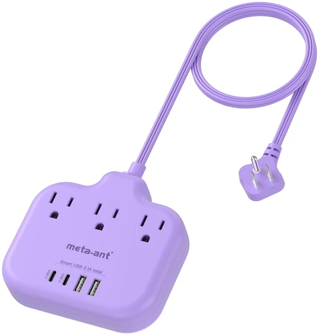 Main image of Purple Extension Cord with 3 AC Outlets and 4 USB(2 USB-C) Ports, 1625W Purple Travel Power Strip, Cute Kawaii Desk Accessories forfor Travel Curise Office Dorm Kitchen