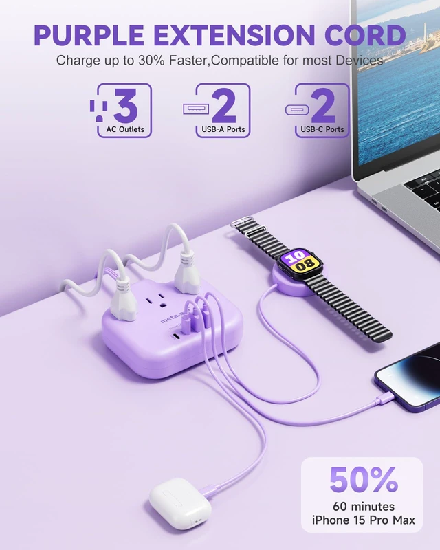 Alt view image 2 of 7 - Purple Extension Cord with 3 AC Outlets and 4 USB(2 USB-C) Ports, 1625W Purple Travel Power Strip, Cute Kawaii Desk Accessories forfor Travel Curise Office Dorm Kitchen