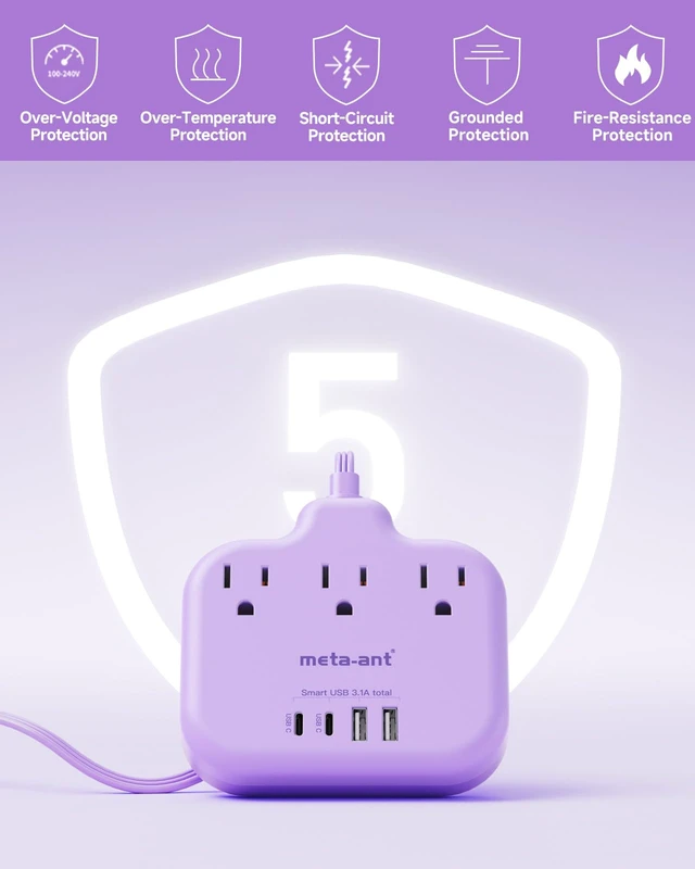 Alt view image 5 of 7 - Purple Extension Cord with 3 AC Outlets and 4 USB(2 USB-C) Ports, 1625W Purple Travel Power Strip, Cute Kawaii Desk Accessories forfor Travel Curise Office Dorm Kitchen