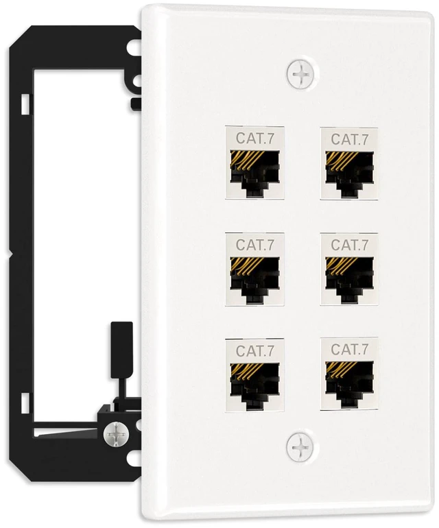 Main image of 1-Pack Shielded Cat7 Ethernet Wall Plate, 6-Port Keystone 10Gbit/s, 6-Port Keystone Wall Plate with Bracket + Cat7 Shielded RJ45 Coupler, Female to Female RJ45 Cat7 Wall Plate, PoE