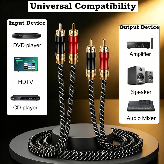 Alt view image 2 of 7 - RCA Cables 3FT, Audiophile HiFi Stereo Shielded for Subwoofer/Home Audio | Premium OFC - 24K Gold-Plugs Cable, 2-Rca Male Audio Stereo Cable for Home Theater, TV, Amp, CD, Speakers and etc