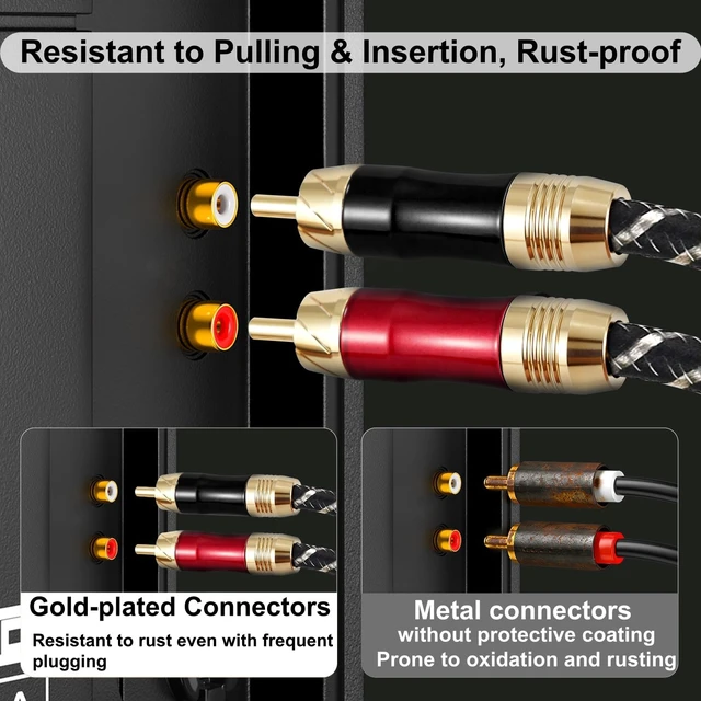 Alt view image 5 of 7 - RCA Cables 3FT, Audiophile HiFi Stereo Shielded for Subwoofer/Home Audio | Premium OFC - 24K Gold-Plugs Cable, 2-Rca Male Audio Stereo Cable for Home Theater, TV, Amp, CD, Speakers and etc