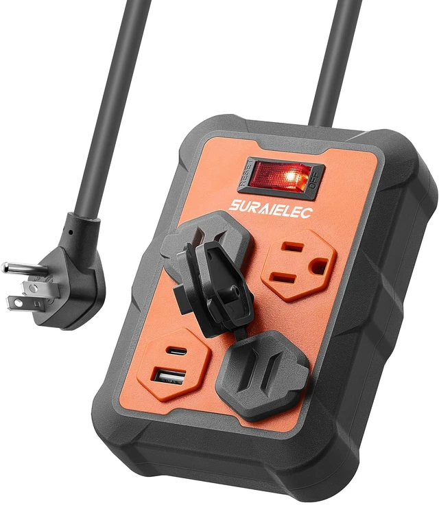Main image of Long Power Strip with USB-A & USB-C, 10 Ft, Individual Covers 3 AC Outlets, Flat Extension Cord with 1960J Surge Protection, Overmolded Rubber Housing, Wall Mount Power Strip for Garage