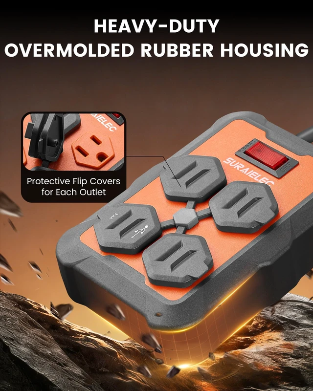 Alt view image 2 of 7 - Long Power Strip with USB-A & USB-C, 10 Ft, Individual Covers 3 AC Outlets, Flat Extension Cord with 1960J Surge Protection, Overmolded Rubber Housing, Wall Mount Power Strip for Garage