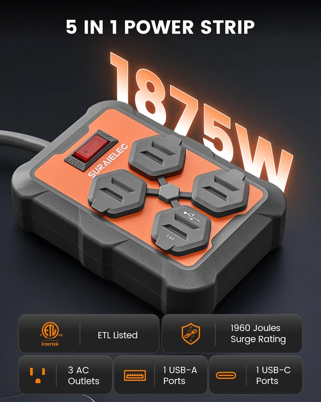 Alt view image 3 of 7 - Long Power Strip with USB-A & USB-C, 10 Ft, Individual Covers 3 AC Outlets, Flat Extension Cord with 1960J Surge Protection, Overmolded Rubber Housing, Wall Mount Power Strip for Garage