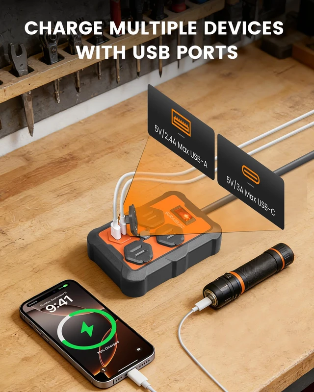 Alt view image 4 of 7 - Long Power Strip with USB-A & USB-C, 10 Ft, Individual Covers 3 AC Outlets, Flat Extension Cord with 1960J Surge Protection, Overmolded Rubber Housing, Wall Mount Power Strip for Garage