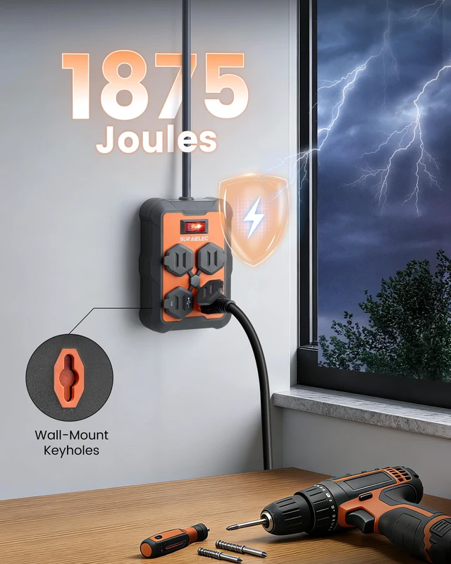Alt view image 5 of 7 - Long Power Strip with USB-A & USB-C, 10 Ft, Individual Covers 3 AC Outlets, Flat Extension Cord with 1960J Surge Protection, Overmolded Rubber Housing, Wall Mount Power Strip for Garage