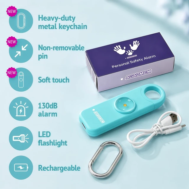Alt view image 2 of 7 - Rechargeable Personal Safety Alarm for Women 130dB Loud Siren & Strobe Light & Low Battery Notice, Emergency Keychain Alarm for Self Defense (Aqua)