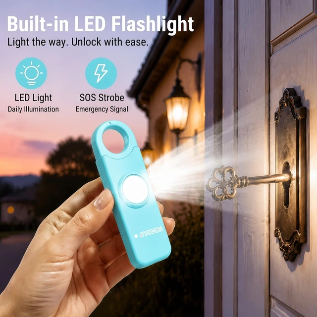 Alt view image 4 of 7 - Rechargeable Personal Safety Alarm for Women 130dB Loud Siren & Strobe Light & Low Battery Notice, Emergency Keychain Alarm for Self Defense (Aqua)