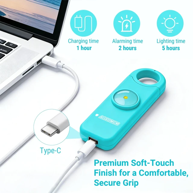 Alt view image 6 of 7 - Rechargeable Personal Safety Alarm for Women 130dB Loud Siren & Strobe Light & Low Battery Notice, Emergency Keychain Alarm for Self Defense (Aqua)
