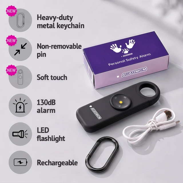 Alt view image 2 of 7 - Rechargeable Personal Safety Alarm for Women 130dB Loud Siren & Strobe Light & Low Battery Notice, Emergency Keychain Alarm for Self Defense (Charcoal Black)