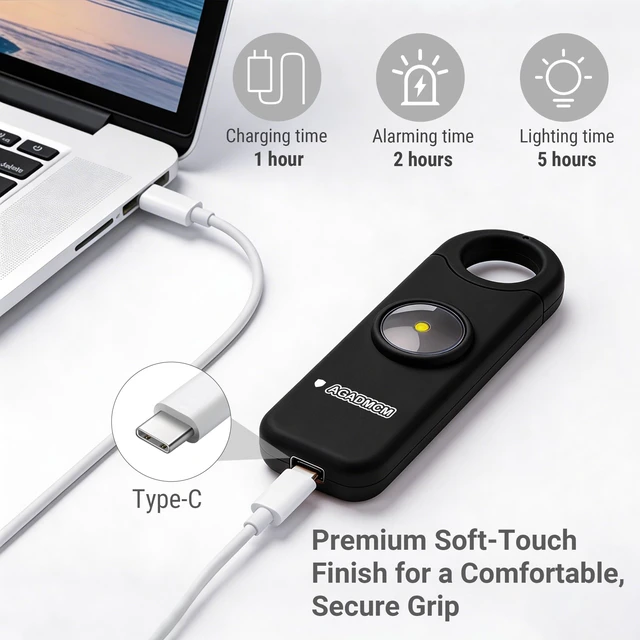 Alt view image 6 of 7 - Rechargeable Personal Safety Alarm for Women 130dB Loud Siren & Strobe Light & Low Battery Notice, Emergency Keychain Alarm for Self Defense (Charcoal Black)