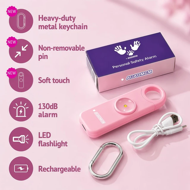 Alt view image 2 of 7 - Rechargeable Personal Safety Alarm for Women 130dB Loud Siren & Strobe Light & Low Battery Notice, Emergency Keychain Alarm for Self Defense (Baby Pink)