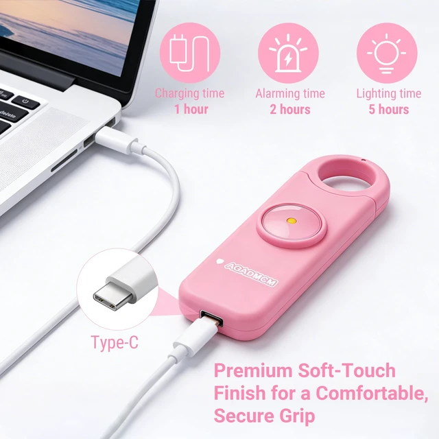 Alt view image 6 of 7 - Rechargeable Personal Safety Alarm for Women 130dB Loud Siren & Strobe Light & Low Battery Notice, Emergency Keychain Alarm for Self Defense (Baby Pink)