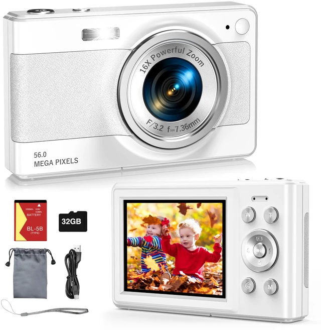 Main image of 2025 New Digital Camera, 56MP FHD 1080P for Kids with 16x Digital Zoom Anti Shake, Face Detect, Smile Capture, 32GB TF Card, Battery, Lanyard, a Great Gift for Boys & GirlsWhite