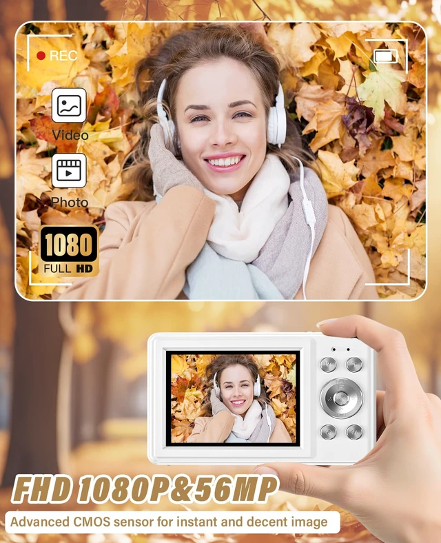 Alt view image 3 of 7 - 2025 New Digital Camera, 56MP FHD 1080P for Kids with 16x Digital Zoom Anti Shake, Face Detect, Smile Capture, 32GB TF Card, Battery, Lanyard, a Great Gift for Boys & GirlsWhite