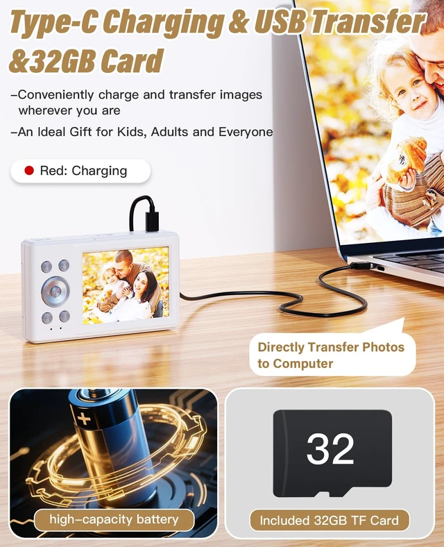 Alt view image 5 of 7 - 2025 New Digital Camera, 56MP FHD 1080P for Kids with 16x Digital Zoom Anti Shake, Face Detect, Smile Capture, 32GB TF Card, Battery, Lanyard, a Great Gift for Boys & GirlsWhite