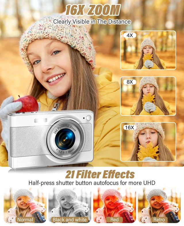 Alt view image 4 of 7 - 2025 New Digital Camera, 56MP FHD 1080P for Kids with 16x Digital Zoom Anti Shake, Face Detect, Smile Capture, 32GB TF Card, Battery, Lanyard, a Great Gift for Boys & GirlsWhite