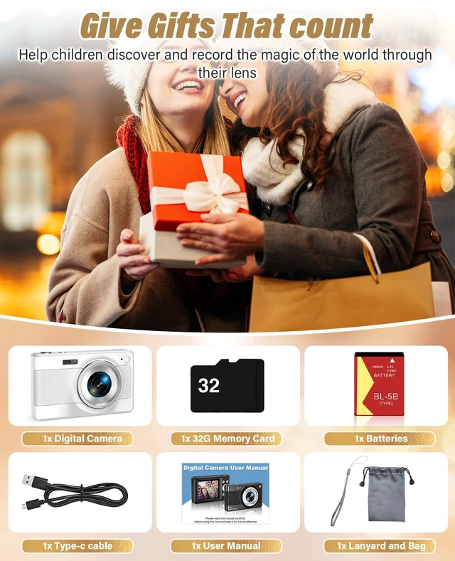 Alt view image 7 of 7 - 2025 New Digital Camera, 56MP FHD 1080P for Kids with 16x Digital Zoom Anti Shake, Face Detect, Smile Capture, 32GB TF Card, Battery, Lanyard, a Great Gift for Boys & GirlsWhite