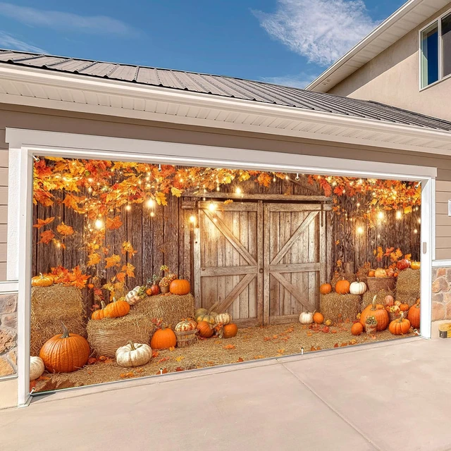 Alt view image 3 of 4 - Fall Thanksgiving Garage Door Cover Banner Decorations, Happy Autumn Fall Festival Holiday Outdoor Car Garage Door Murals Buddy Decorations Backdrops Party Wall Decor Extra Large 16 X 7 Ft