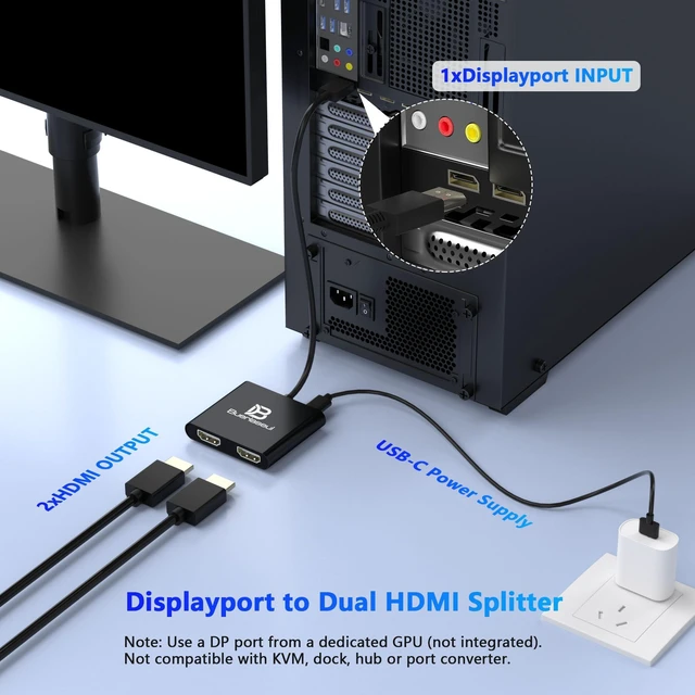 Alt view image 2 of 7 - DisplayPort to Dual HDMI Splitter 4K@60Hz, USB-C Powered, DisplayPort 1.4 MST Hub DP to HDMI 1 in 2 Out Splitter for Dual Monitors Extended/Clone Mode for Desktop PC Graphics Card Home Office Gaming