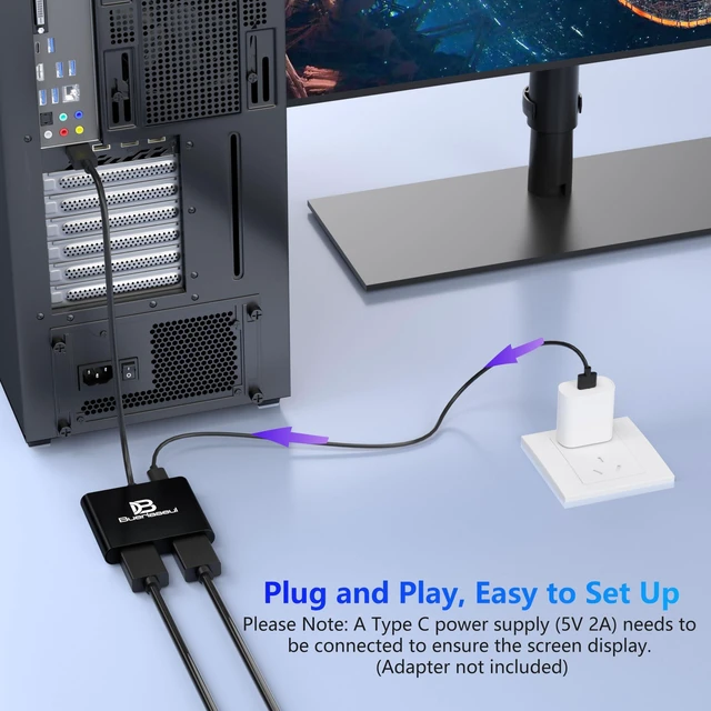 Alt view image 6 of 7 - DisplayPort to Dual HDMI Splitter 4K@60Hz, USB-C Powered, DisplayPort 1.4 MST Hub DP to HDMI 1 in 2 Out Splitter for Dual Monitors Extended/Clone Mode for Desktop PC Graphics Card Home Office Gaming