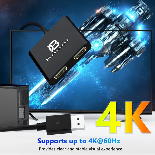 Alt view image 7 of 7 - DisplayPort to Dual HDMI Splitter 4K@60Hz, USB-C Powered, DisplayPort 1.4 MST Hub DP to HDMI 1 in 2 Out Splitter for Dual Monitors Extended/Clone Mode for Desktop PC Graphics Card Home Office Gaming