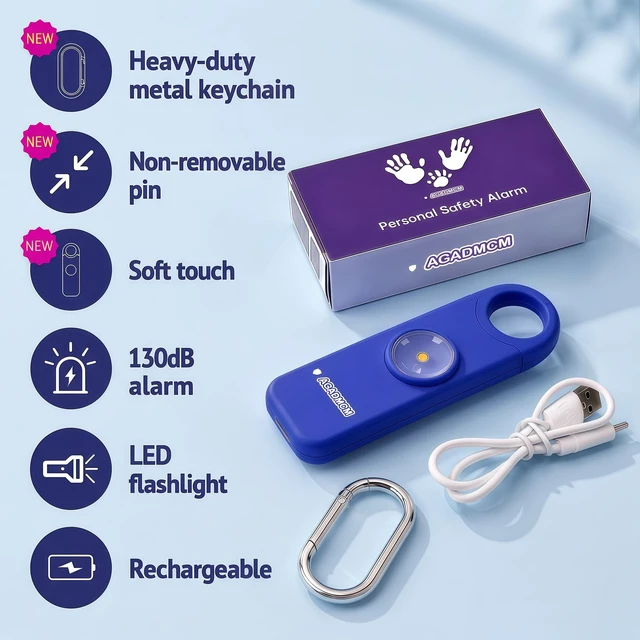 Alt view image 2 of 7 - Rechargeable Personal Safety Alarm for Women 130dB Loud Siren & Strobe Light & Low Battery Notice, Emergency Keychain Alarm for Self Defense (Navy Blue)