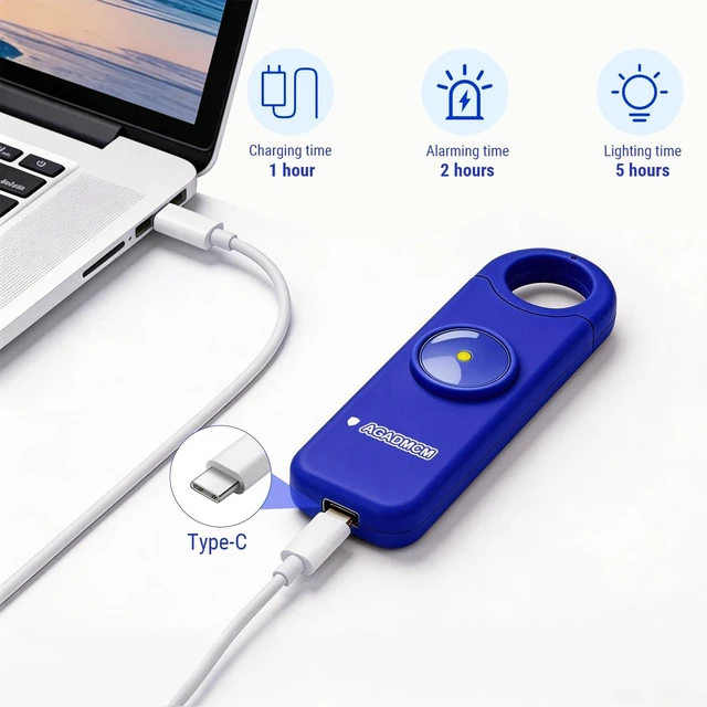 Alt view image 6 of 7 - Rechargeable Personal Safety Alarm for Women 130dB Loud Siren & Strobe Light & Low Battery Notice, Emergency Keychain Alarm for Self Defense (Navy Blue)