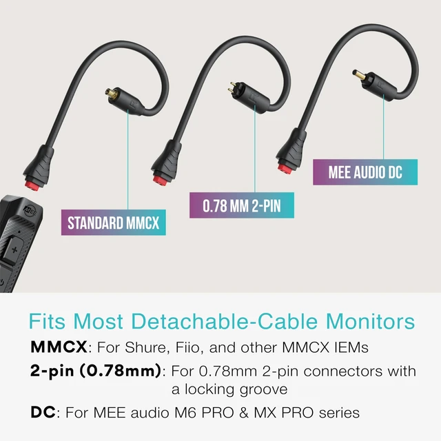 Alt view image 3 of 7 - BT3 Bluetooth Wireless Adapter Cable for in-Ear Monitors - Includes MMCX, 2-pin (0.78mm) & DC connectors for Wide IEM Compatibility; Bluetooth 5.4, aptX HD, aptX Adaptive, LDAC, Auracast