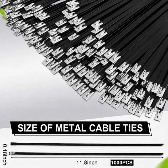Alt view image 2 of 7 - 1000 Pcs 11.8" Black 304 Stainless Steel Zip Ties Heavy Duty Self Locking Metal Cables, Epoxy Coated for Exhaust Wrap Outdoor Fence, Machinery Vehicles Farm Multi Purpose