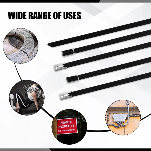 Alt view image 6 of 7 - 1000 Pcs 11.8" Black 304 Stainless Steel Zip Ties Heavy Duty Self Locking Metal Cables, Epoxy Coated for Exhaust Wrap Outdoor Fence, Machinery Vehicles Farm Multi Purpose