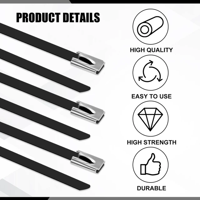 Alt view image 5 of 7 - 1000 Pcs 11.8" Black 304 Stainless Steel Zip Ties Heavy Duty Self Locking Metal Cables, Epoxy Coated for Exhaust Wrap Outdoor Fence, Machinery Vehicles Farm Multi Purpose
