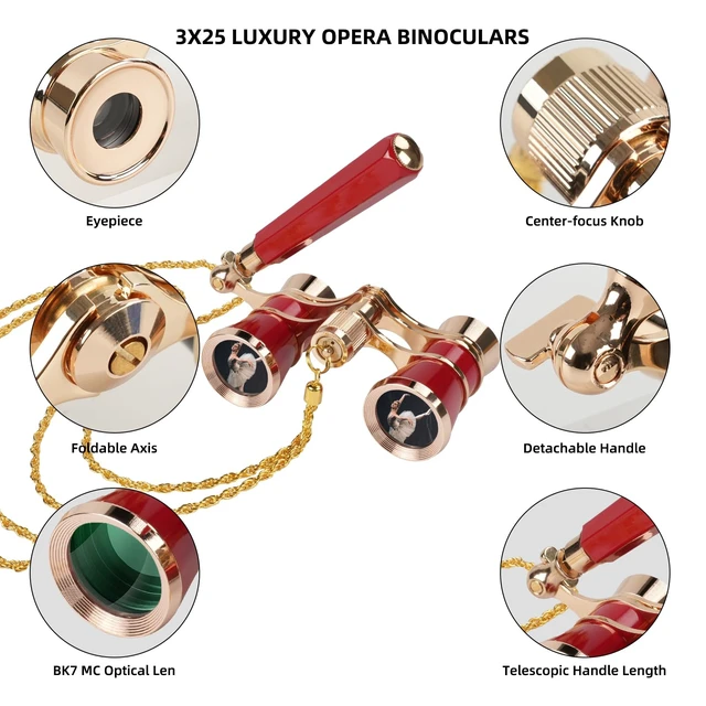 Alt view image 5 of 7 - 3X25 Opera Glasses for Women Broadway Concert HD Mini Thteater Binocular Portable Vintage Theater Glasses with Adjustable Handle,Chain,Magnifier BK7 Optics,Metal Body for Shows& Musical Events