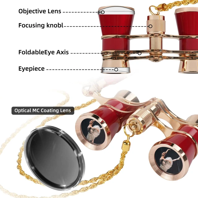 Alt view image 7 of 7 - 3X25 Opera Glasses for Women Broadway Concert HD Mini Thteater Binocular Portable Vintage Theater Glasses with Adjustable Handle,Chain,Magnifier BK7 Optics,Metal Body for Shows& Musical Events