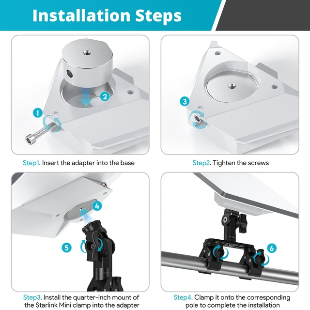Alt view image 7 of 7 - ® Dual Clamp RV Ladder Pole Mount for Starlink Mini/ Mini X For Starlink Mini & Mini X, 270° tilt, 1/4" & 3/8" thread Adjustable, Aluminum Dual-Clamp for RV ladders, Poles & SUV Racks