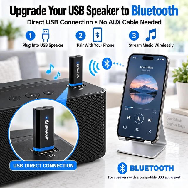 Alt view image 4 of 7 - USB Bluetooth Adapter, Bluetooth USB Audio Receiver Wireless Adapter for Home/Car Stereo System, Portable Speakers with AUX in & 3.5mm Cable (Black)