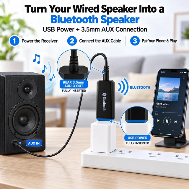 Alt view image 5 of 7 - USB Bluetooth Adapter, Bluetooth USB Audio Receiver Wireless Adapter for Home/Car Stereo System, Portable Speakers with AUX in & 3.5mm Cable (Black)
